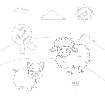 coloring pages for kid, black and white  vector illustration of farm animals and landscape. cute pig and lamb on the background of a field, tree, and clouds