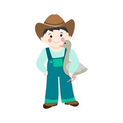 cartoon farmer with a goose in his hands. Cute vector illustration on isolated background in flat style