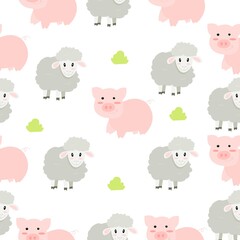seamless pattern with cute pig and sheep, endless texture with farm animals, vector illustration in flat style