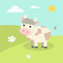 
cute farm animals, landscape with cartoon cow vector image