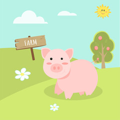 
cute farm animals, landscape with cartoon pig vector image