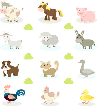 farm animals set on white background, vectors illustration in flat style, cartoon animals collection with cow, horse, pig, goat, sheep, donkey, dog, cat, hen, rooster, goose, duckling.