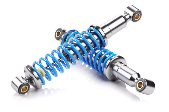 Pair of blue shock absorbers with springs. Suspension components. 3D