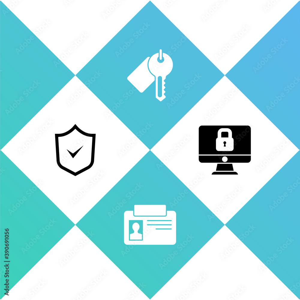 Poster set shield with check mark, identification badge, marked key and lock computer monitor icon. vector.