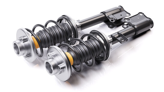 Pair of car shock absorbers with springs. Suspension components.3D