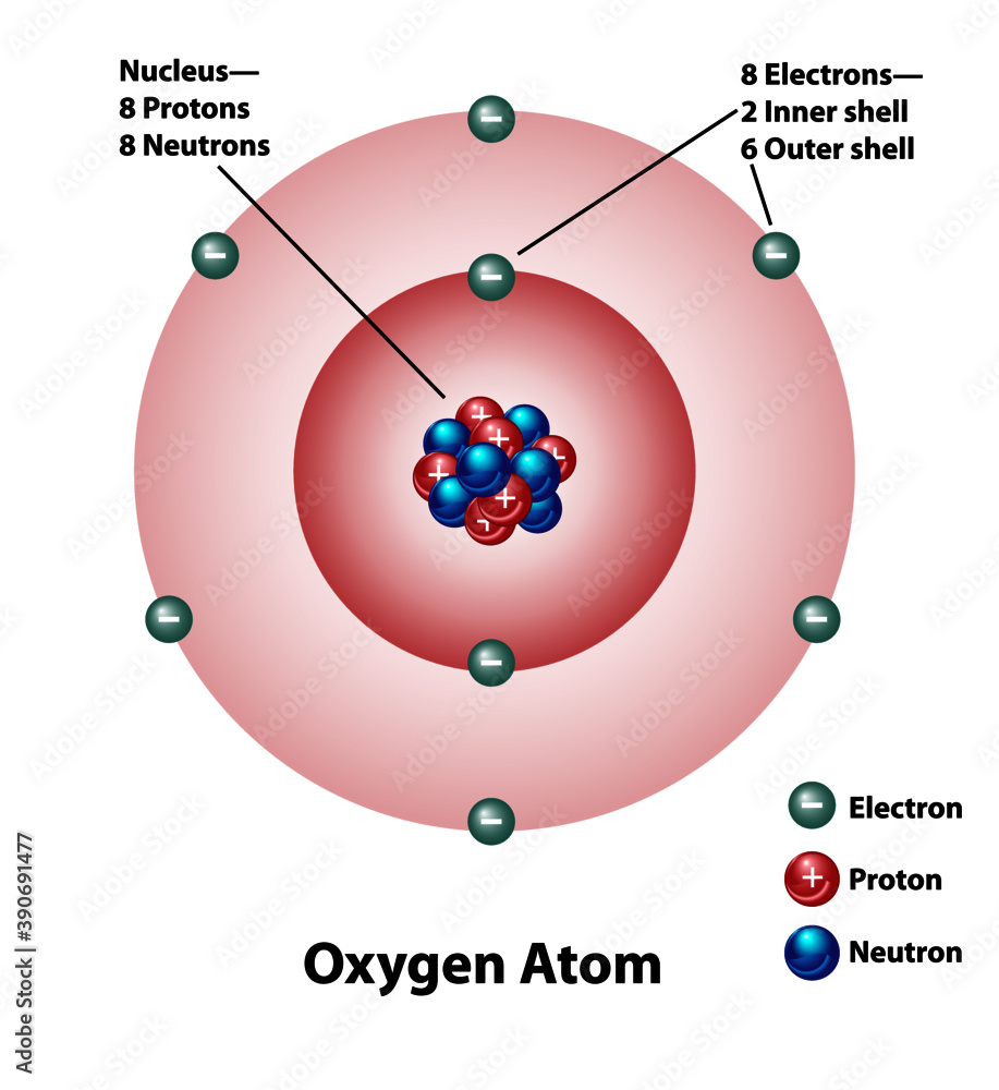 Wall mural diagram of an oxygen atom with nucleus and inner and outer shells. protons, neutrons, and electrons 