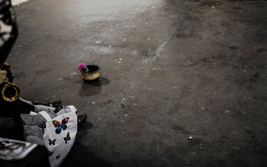 Street musician at the Berlin metro station.