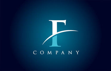 F alphabet letter logo icon for company in blue and white colour. Simple swoosh design for corporate and business