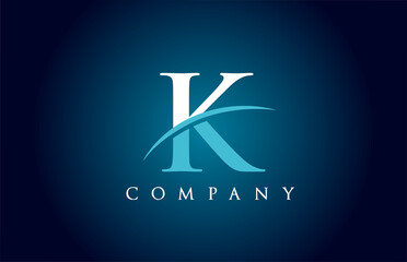 K alphabet letter logo icon for company in blue and white colour. Simple swoosh design for corporate and business