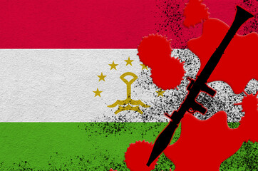 Tajikistan flag and black RPG-7 rocket-propelled grenade launcher in red blood. Concept for terror...