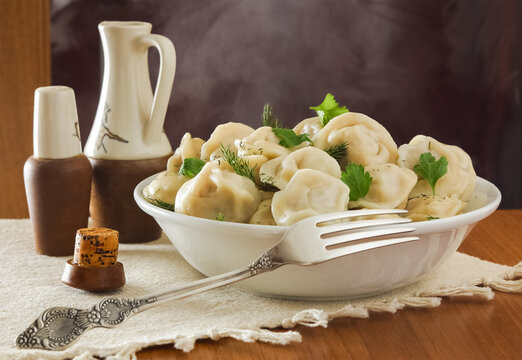 Homemade Delicious Just Steamed Dumplings With Meat In A Rustic Style