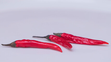 Three bright red chili peppers on white background. Space for text. Design concept.