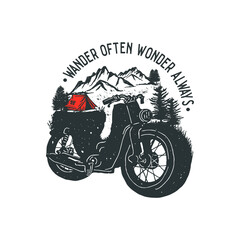 Obraz premium Hand drawn wilderness badge with mountain landscape and inspiring lettering 