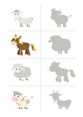 Find the correct shadow, education game for children. Farm animals collection set with sheep, goat, horse and cow