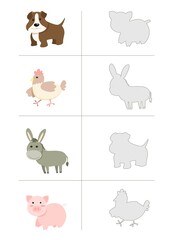 Find the correct shadow, education game for children. Farm animals collection set with dog, hen, donkey and pig