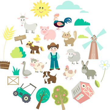 cute farm animal set in flat style on isolated background. Cartoon animals collection, farmer, barn, trees, tractor, mill, pointer