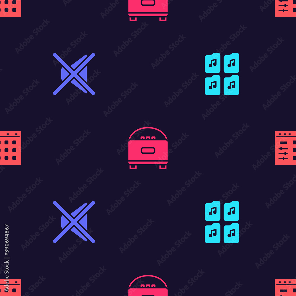 Poster set music file document, speaker mute, stereo speaker and drum machine on seamless pattern. vector.