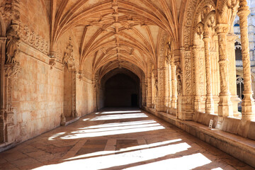 Archway of an old monastery. Cloisters of Jeronimos Monastery. Lisbon Portugal