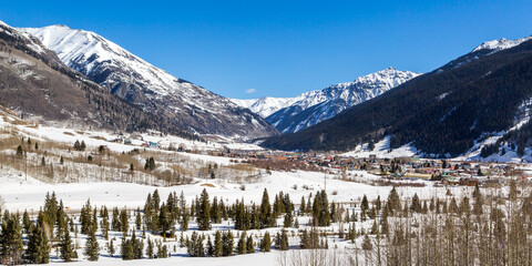 Silverton Colorado Winter Panorama - Panoramic photo of Silverton Colorado in Winter with a bright blue sky