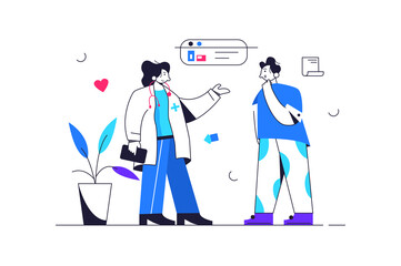 Girl doctor treats a sick patient, doctor explains the cause of the disease, isolated on white background, flat vector illustration