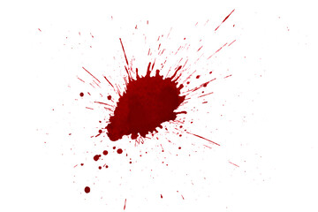 Realistic human red blood spatter, isolate on white background for thriller, horror and halloween design. abstract splatter red color background, red dripping blood drop.