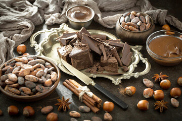 Pieces of dark chocolate and cocoa beans in composition on old background