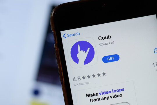 New York, USA - 15 May 2020: Coub mobile app logo on phone screen, close-up icon, Illustrative Editorial