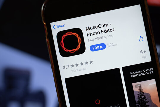 New York, USA - 15 May 2020: MuseCam Photo Editor mobile app logo on phone screen, close-up icon, Illustrative Editorial