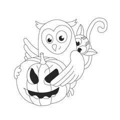 Сartoon cat, an owl and a pumpkin.Halloween. Autumn holidays. Vector Illustration
