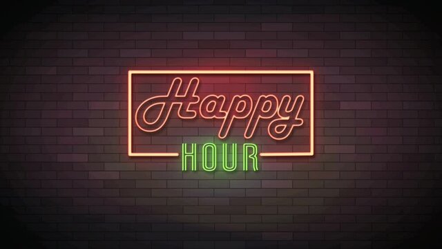 Happy hour Neon Sign Lights animation.4K video.wall background.