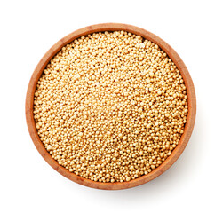 Dry yeast in a plate on a white background, isolated. The view from top