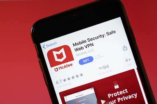 Moscow, Russia - 1 June 2020: Mobile Security McAfee app mobile logo close-up on screen display, Illustrative Editorial.