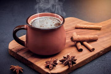 Cup of coffee , coffee beans, chocolate  and cinnamon on black background