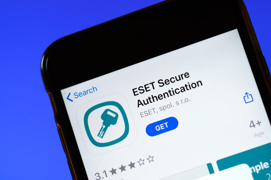 Moscow, Russia - 1 June 2020: ESET Secure Authentication app mobile logo close-up on screen display, Illustrative Editorial.