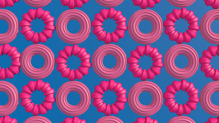 Pink textured rings. Blue background. Abstract illustration, 3d render.