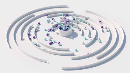 Colorful balls and white labyrinth. Abstract illustration, 3d render.