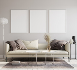 Mock up poster frame, living room, Scandinavian style, 3D render, 3D illustration