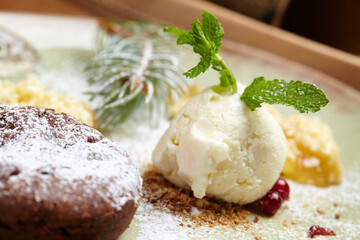 chocolate cake with ice cream