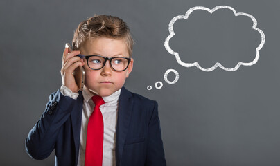 Business school for leaders. Little businessman in the office with phone isolated over gray background. Cloud of thoughts. Ideas for business. How to communicate with your boss