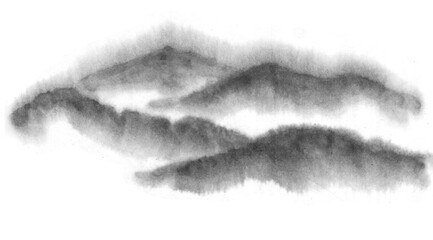Background with mountains. Ink mountain. Black and white image. Ink Chinese mountain landscape. Mountains in the fog. Trees on the mountain. Ink image. Pines. Hill,  peak 