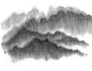 Background with mountains. Ink mountain. Black and white image. Ink Chinese mountain landscape. Mountains in the fog. Trees on the mountain. Ink image. Pines. Hill,  peak 