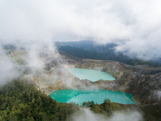 Kelimutu volcano crater lakes drone aerial view in Flores Indonesia 