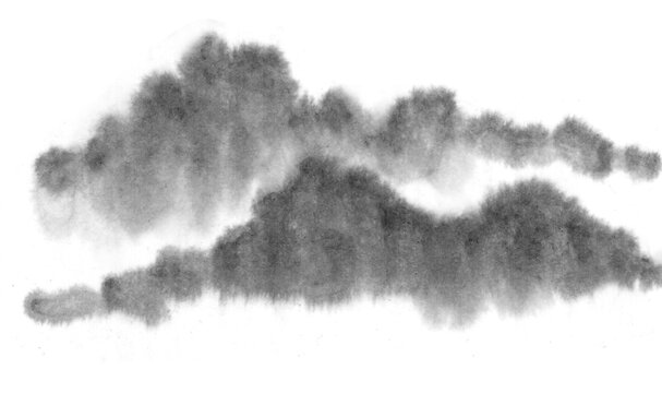 Background with mountains. Ink mountain. Black and white image. Ink Chinese mountain landscape. Mountains in the fog. Trees on the mountain. Ink image. Pines. Hill, peak © Tetiana