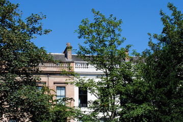 Facades of Georgian Buildings seen through Trees against Blue Sky