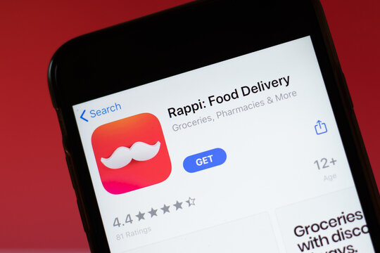 Moscow, Russia - 1 June 2020: Rappi Food Delivery app mobile logo close-up on screen display, Illustrative Editorial.