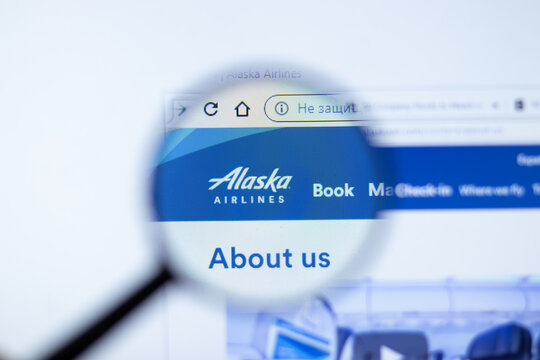 Moscow, Russia - 1 June 2020: AlaskaAir.com website page. Alaska Air Group logo on display screen, Illustrative Editorial.