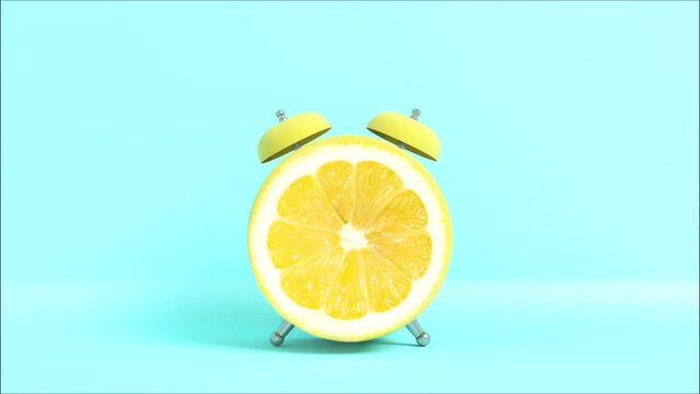Un citron en forme d'horloge vintage se r&eacute;veille et s'&eacute;tire. Boucle vid&eacute;o. Concept illustrant qu'il est l'heure de prendre ses vitamines. Rendu 3D.
