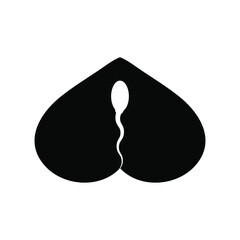Spermatozoon inside a heart symbol. Logo, black silhouette on a white background. The concept of male sperm fertilization of a female egg. Isolated vector illustration, icon.