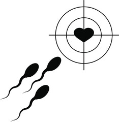 Male spermatozoons, female heart and target, aim. Fertilization concept. Isolated vector illustration, icon on white background.