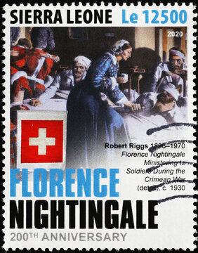 Florence Nightingale with blessed soldiers on stamp
